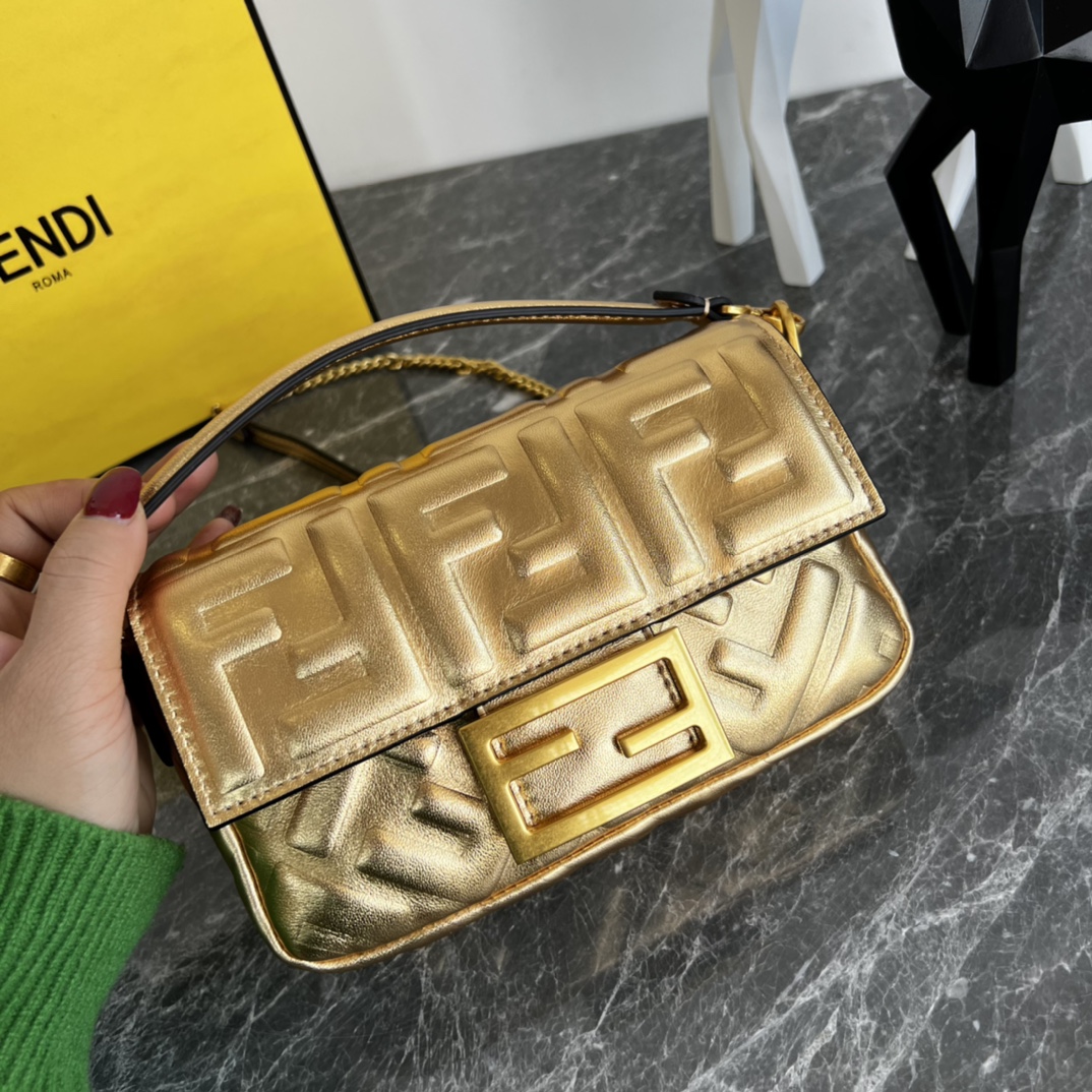 Fendi Mini Baguette Nappa Leather 3D-effect FF Shoulder Bag Gold 